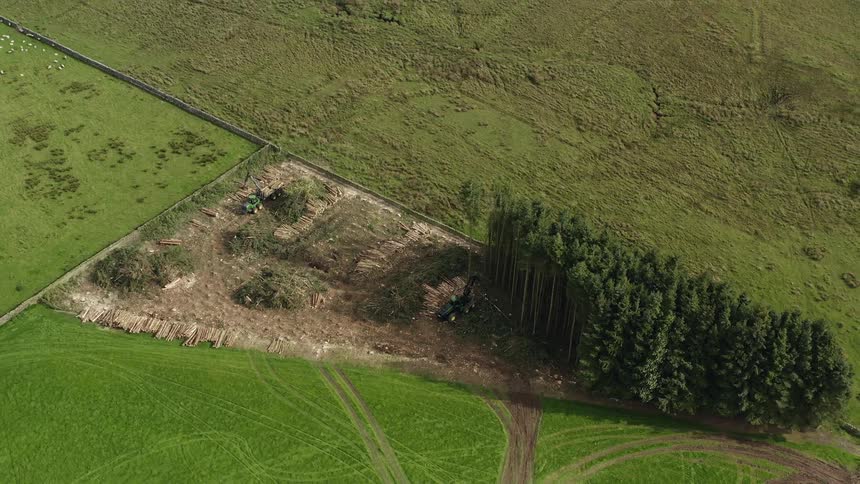 Aerial view of a patch of terrain being cleared of grass and trees in the countryise