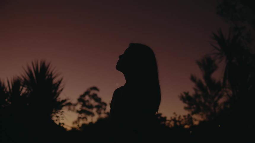 A silhouette of a woman standing outdoors at dusk