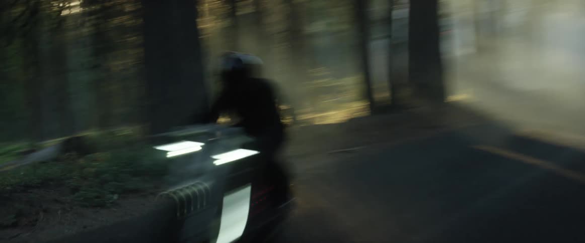 A man is riding his motorcycle through a forest area