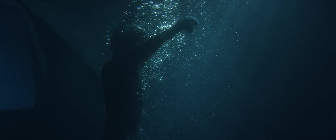 A person wearing a diving suit is floating underwater with their arms raised