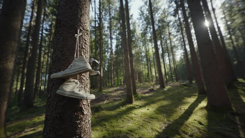 Running shoes hang on a tree in a forest