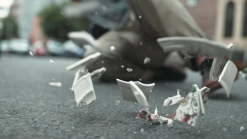 A man narrowly avoids a falling plate that fell from the sky
