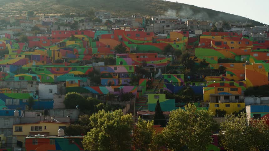 Aerial view of houses painted in bright colors