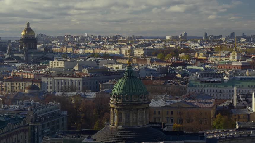 An aerial view of a large city with domes