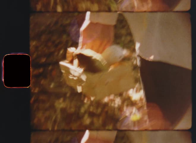 Handheld dynamic 8mm film footage of unrecognisable person wearing a beige linen shirt and black trousers carrying a small basket filled with mushrooms walking through a forested area as the forest ground is covered in fallen autumn leaves