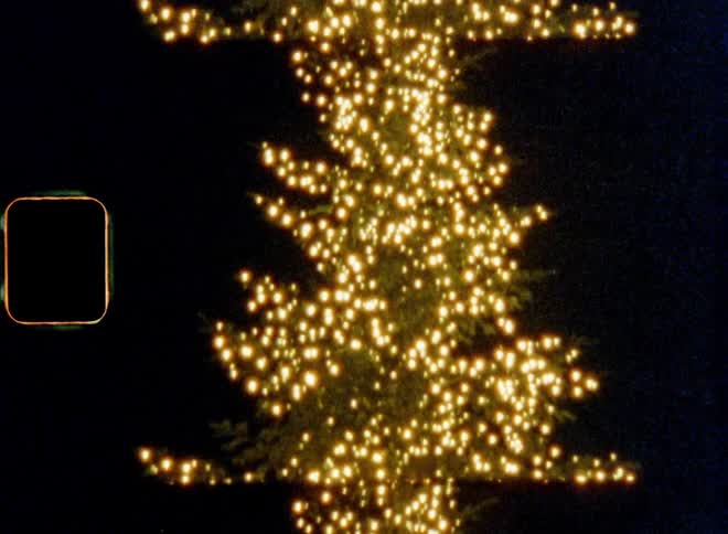 Dynamic 8mm footage with upward tilting camera movement revealing tip of tall pine tree lit up with white X-mas lights and decorated with warm candles causing joyful anticipation for Christmas time and festive atmosphere with holiday spirit