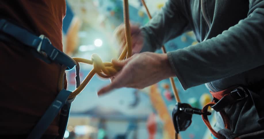 A gym employee ties a rope to a man at a rock climbing wall