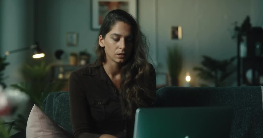 A woman sitting on her couch working on a laptop thinking talking and smiling before leaving