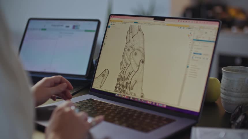 A woman looks over a computer generated image of a robotic hand on her laptop