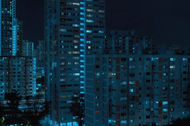 The lights flash on the buildings in the city