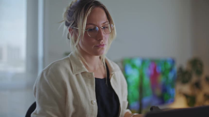 A woman looks at her digital camera before setting it to the side