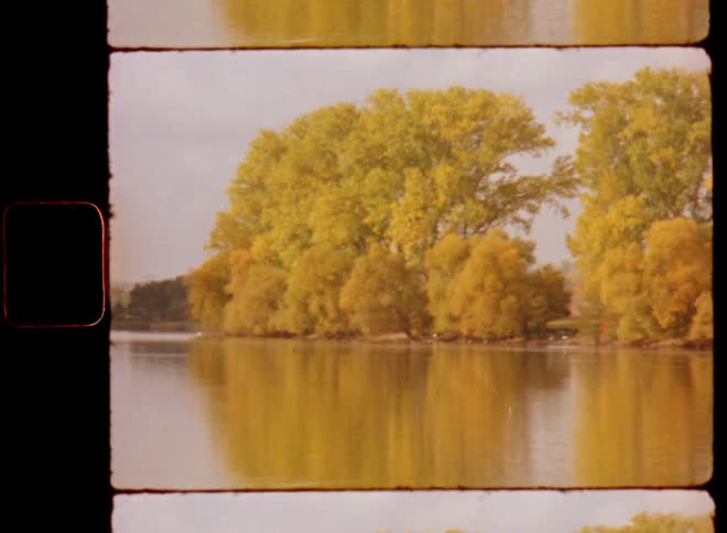 Panning Super 8mm shot of a calm lake or river with trees along the bank during a warm and sunny summer or autumn day with golden sunlight