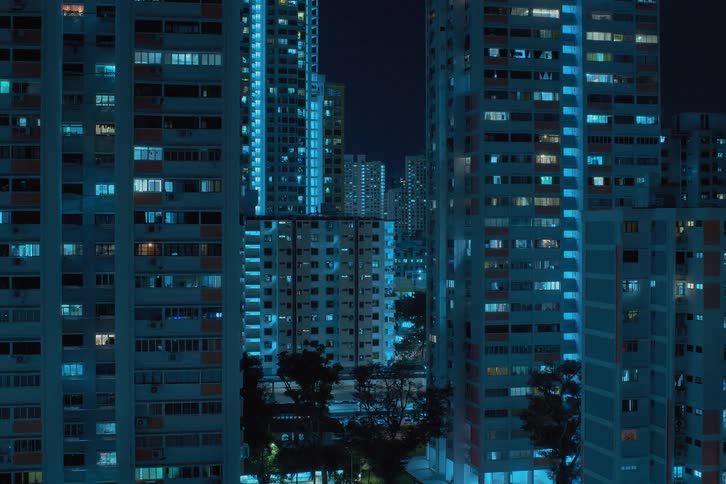 The lights blink flash and flicker in the windows