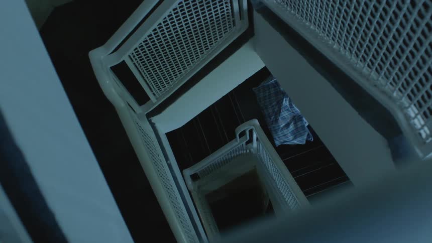 A person carries a bag up a staircase