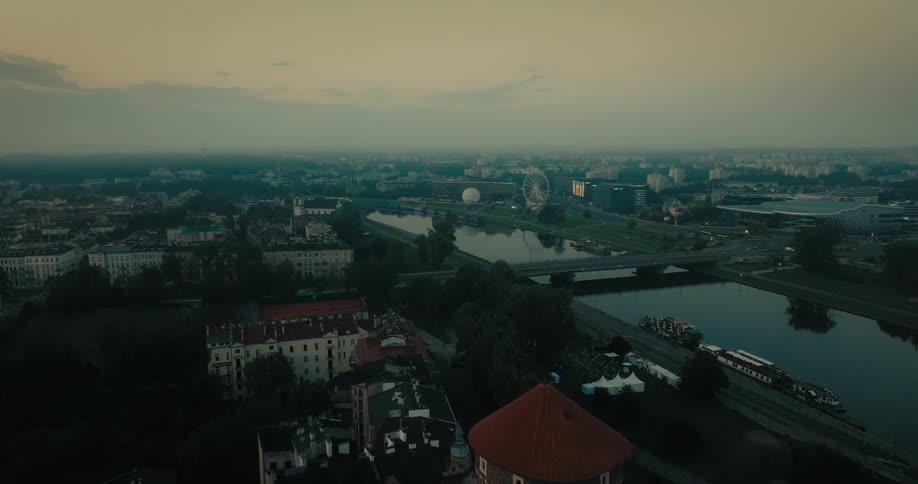 Aerial view of a downtown city near a body of water