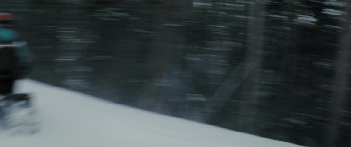 People driving snowmobiles on a path through a forest