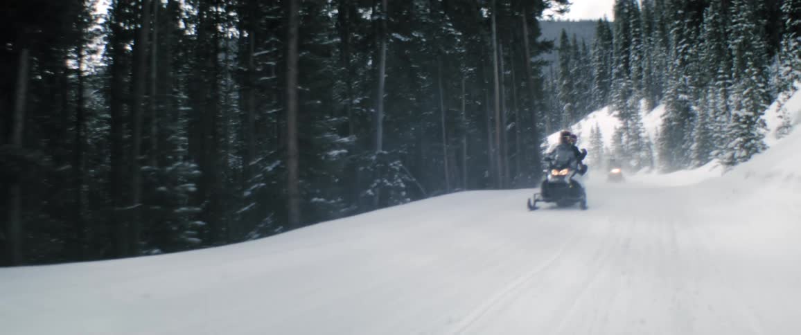 A group of people rides snowmobile on snowy road next to the woods
