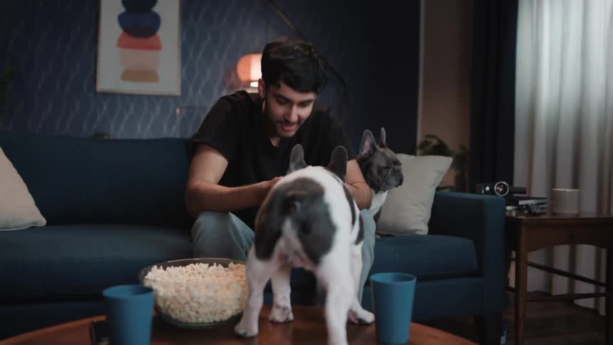A man pets his dog at home
