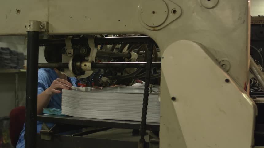 Woman working on a factory carefully places large paper sheets inside a machine