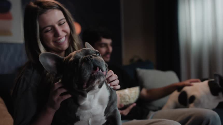 A man and woman pet their dogs on the couch