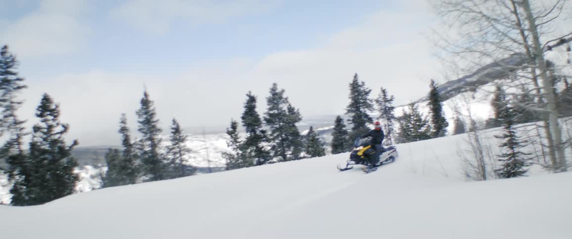 Two people on snowmobiles move along snowy area near conifer forest with mountains in the background