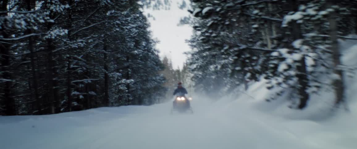 A person rides a snowmobile with headlights on on a road through the pine tree forest at daytime