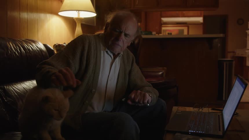 A man uses his laptop and pets his cat