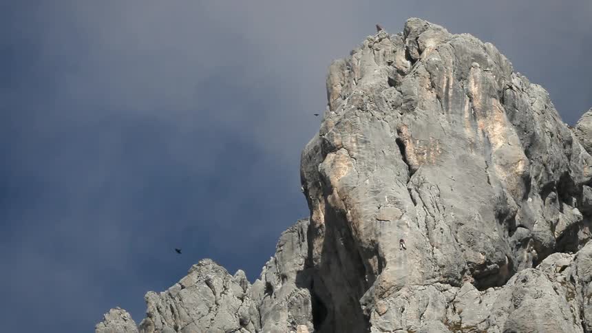Birds fly around this tall cliff
