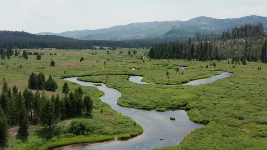 A winding river through a grassland during the day