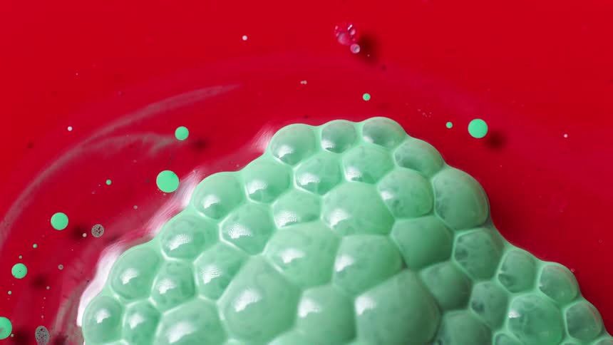 Abstract closeup of mint green paint bubbles expanding over red liquid