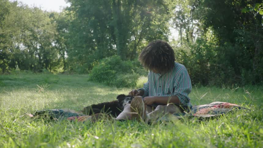 A teenage boy is sitting in the grass in the park petting his dog as the sun shines brightly through the trees