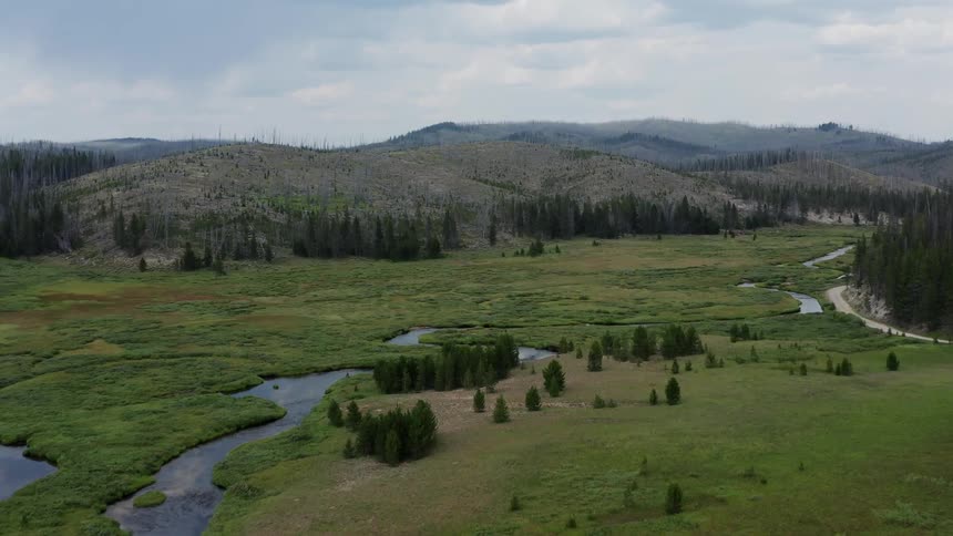 An aerial view of a flat grassy land with forests and mountains in the distance