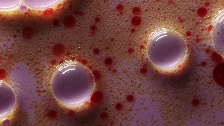 Red spheres are floating among small gold orbs in pink liquid as large pink bubbles move through and push the others away
