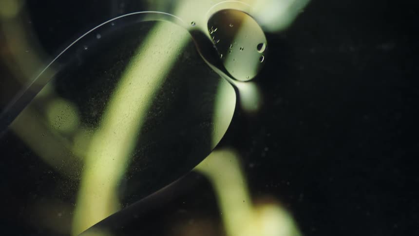 Light shines on water droplets as they reflect green lines and connect in the darkness