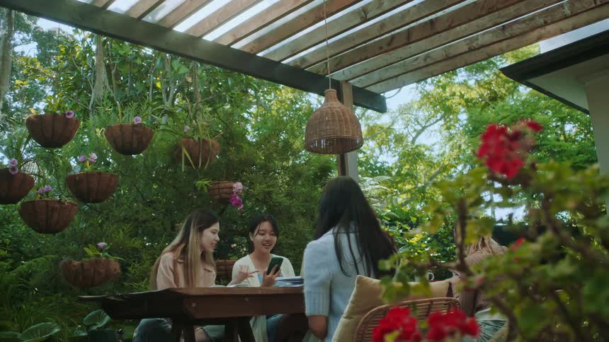 The view is of friends hanging out outside in the day time