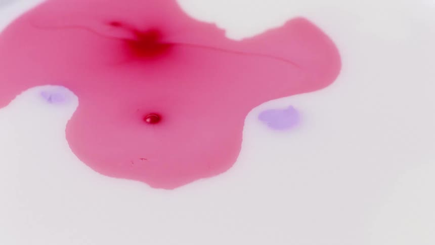 Pink blob of liquid ink expanding and blooming over a white background
