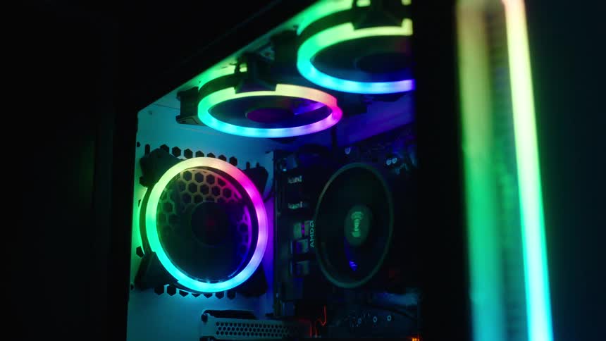 The inside of a computer tower is displayed