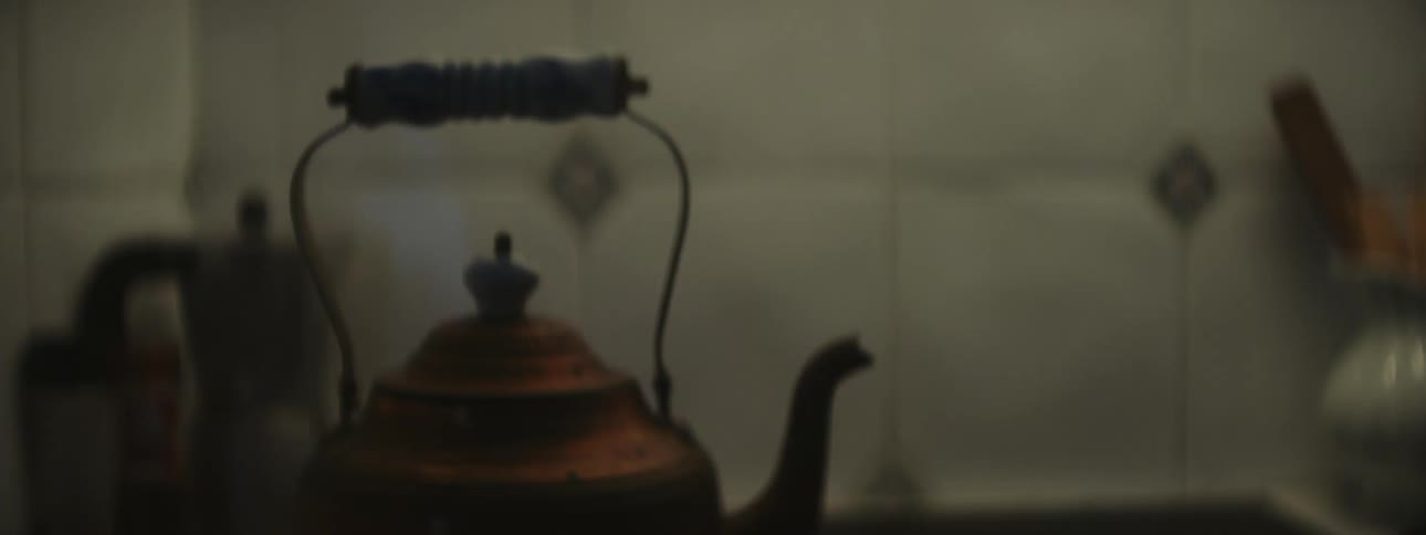Close up of a vintage metal teapot steaming on the stovetop at home