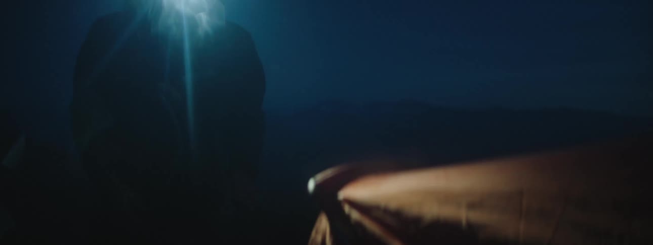 A silhouetted person holding a bright flashlight outside at night