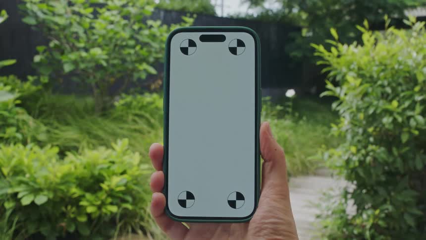 A persons hand holding their cellphone up while outside among plants