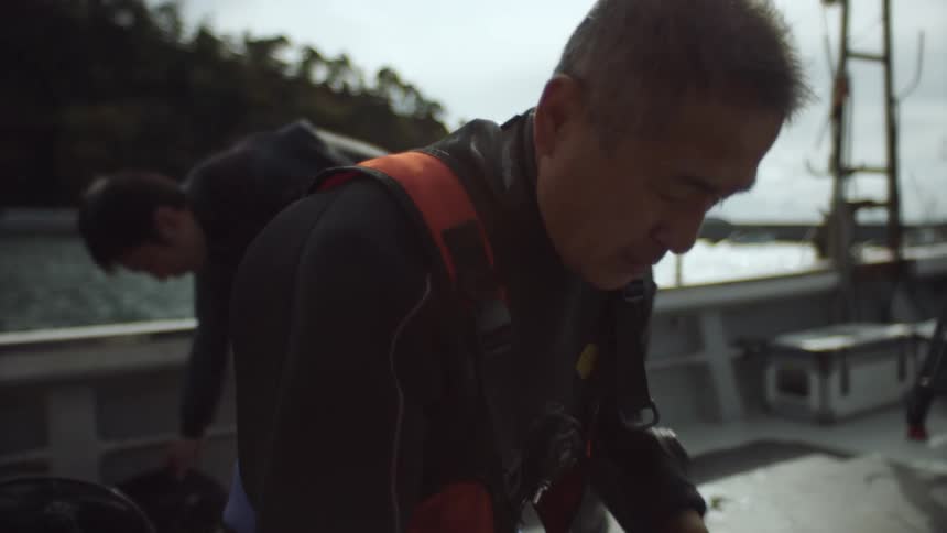 The view is of two man that are on boat outside