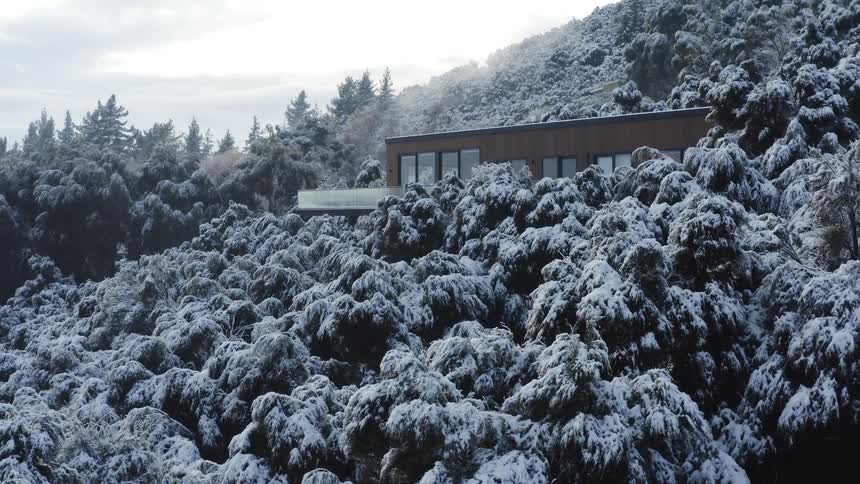 Modern house nested on a pine tree forest covered in snow at morning