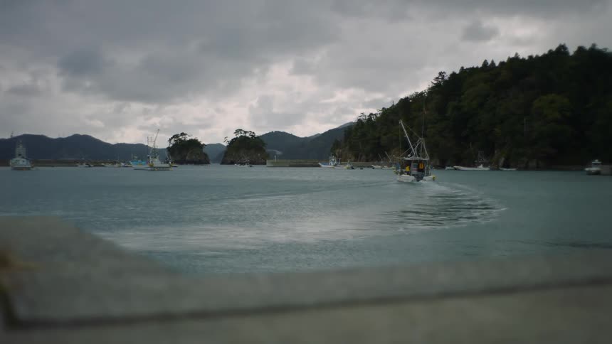 Boats sail along the coast lined with forested mountains under a cloudy sky