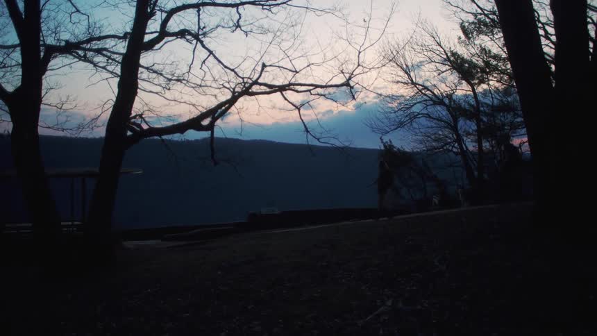 The silhouette of two people walking out of the woods with mountains in the far distance