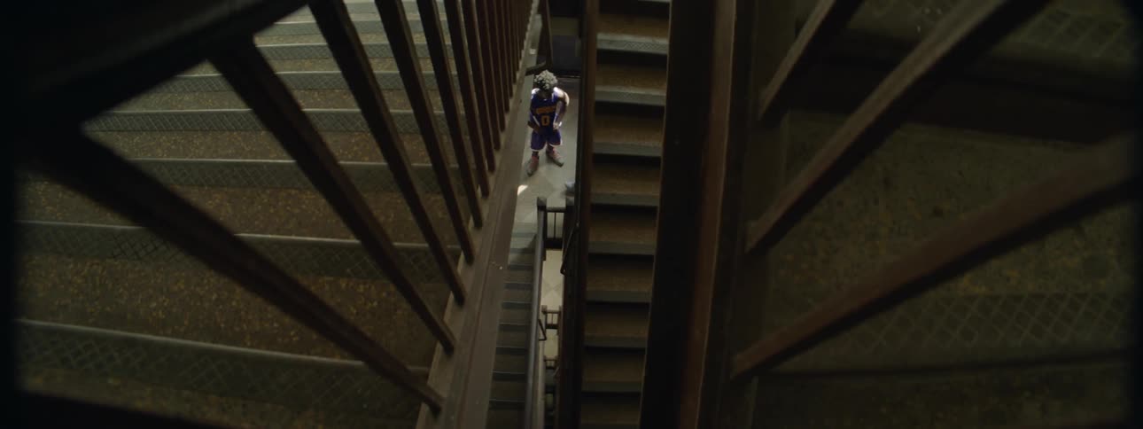A boy stands at the bottom of a stairwell