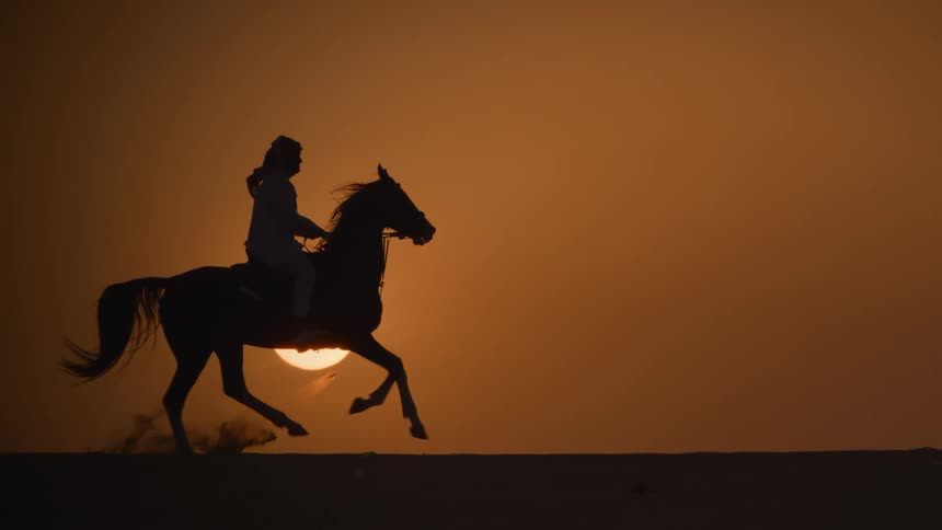 Silhouette of a person riding a horse at sunsets golden hour in front of a yellow bright sun