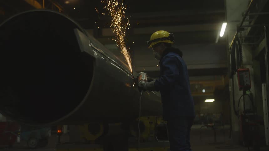 A man is sawing a large metal tube