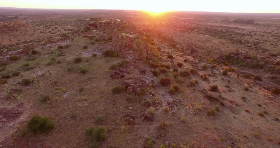 The sun sets over a rocky and shrubby field