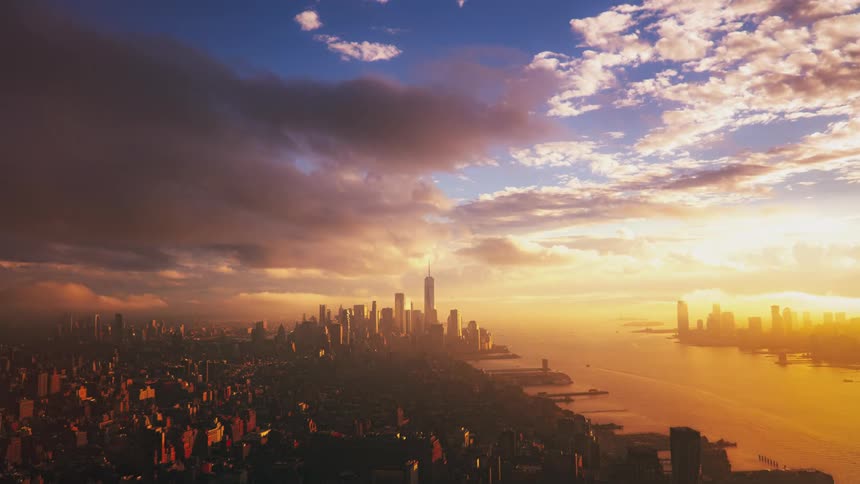 A time lapse of a city along a coastline as clouds roll over and boats go in and out
