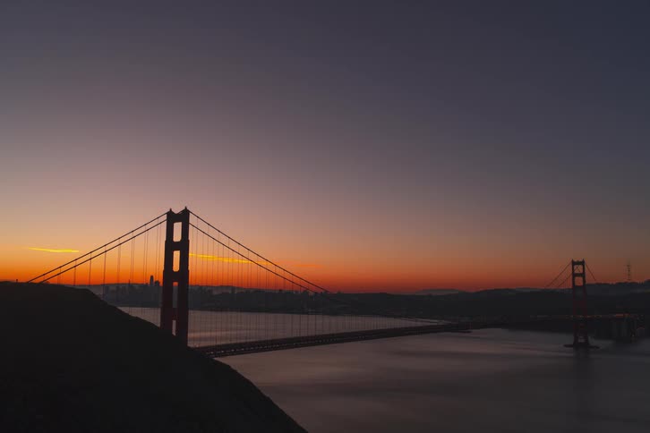 Traffic moves across the golden gate bridge over the water of the san francisco bay as the sun glows on the horizon with a silhouette of the city skyline in in the distance